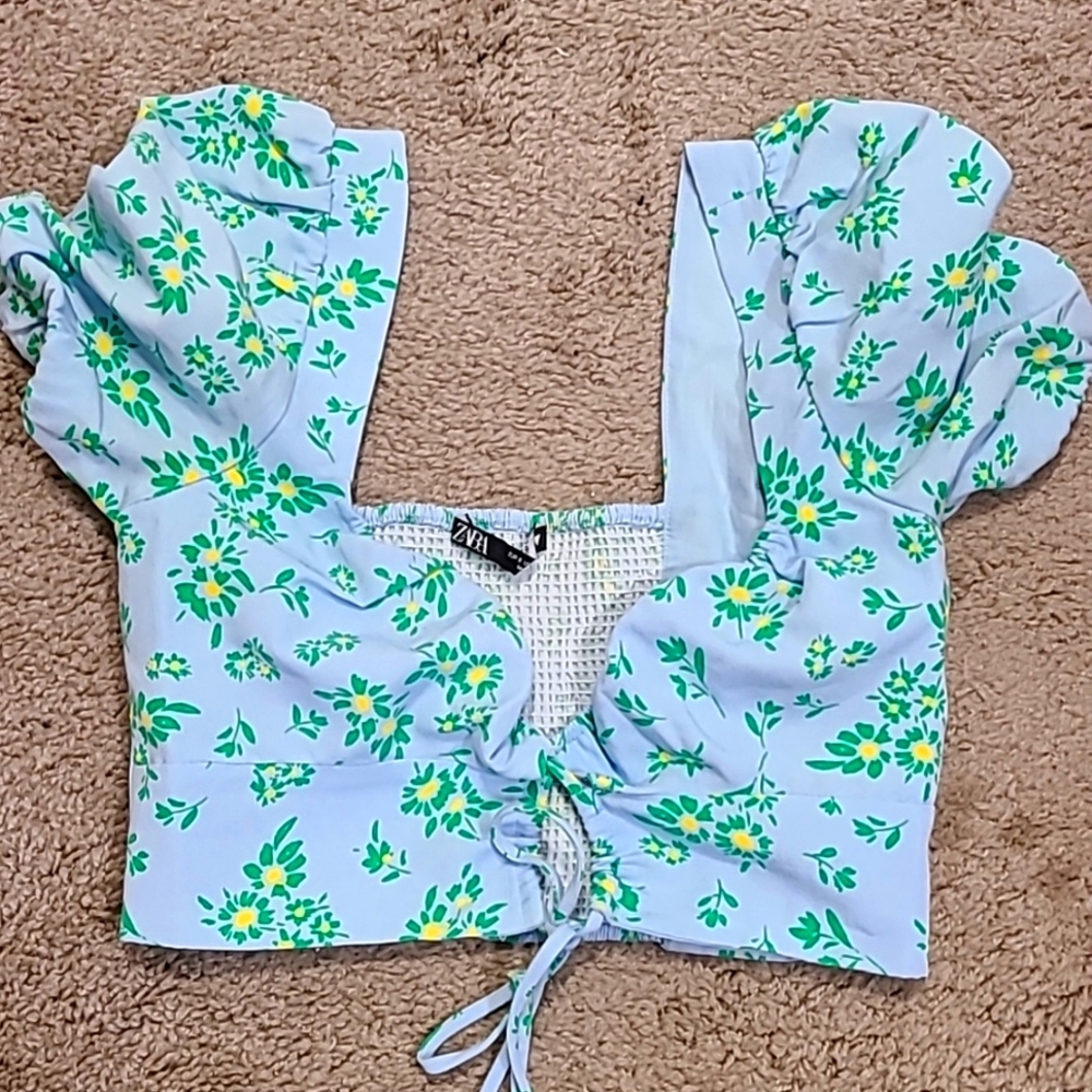 Zara top blue with green and yellow flowers sz small